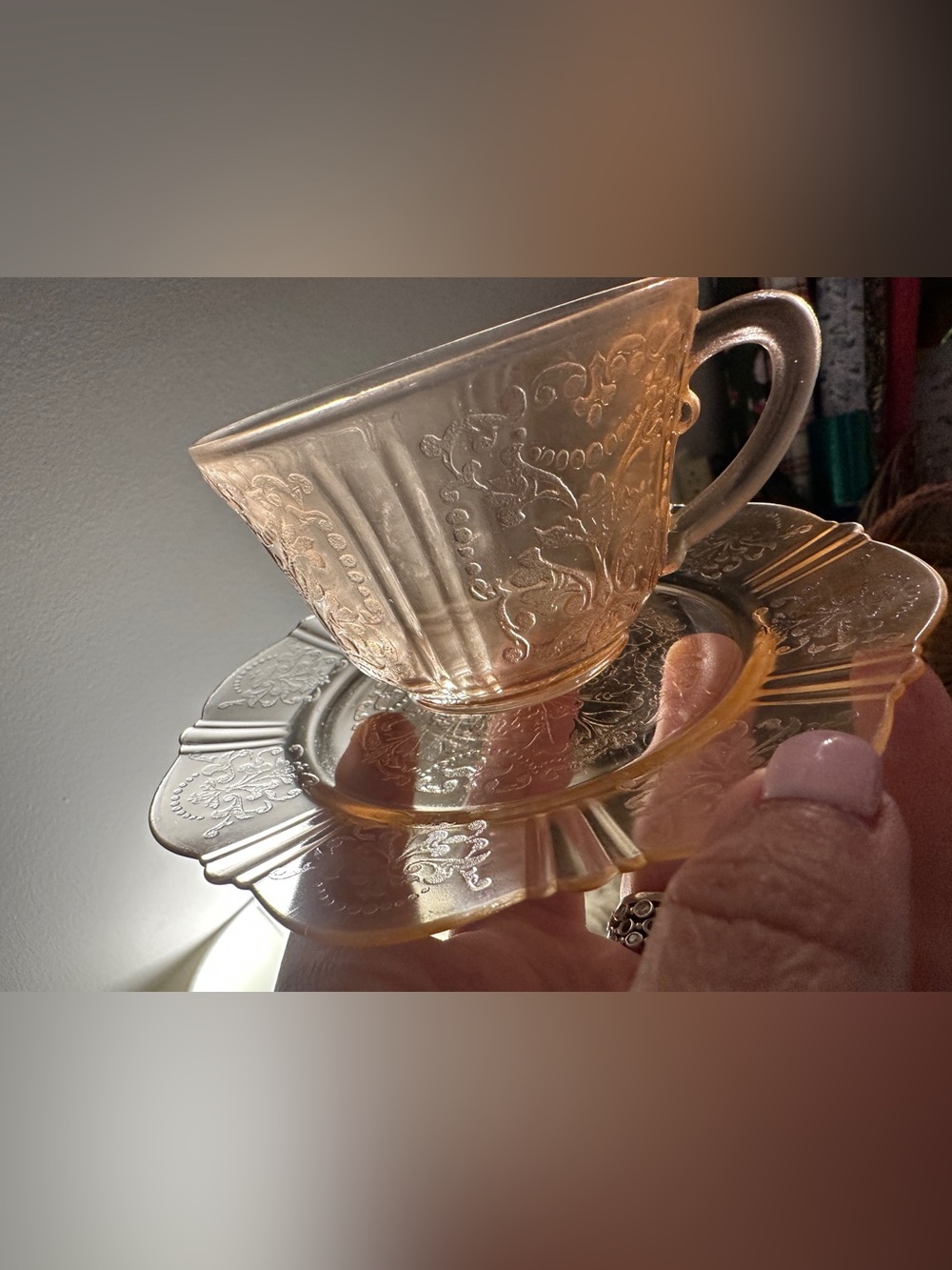 4 "American Sweetheart" pink depression glass teacups and saucers